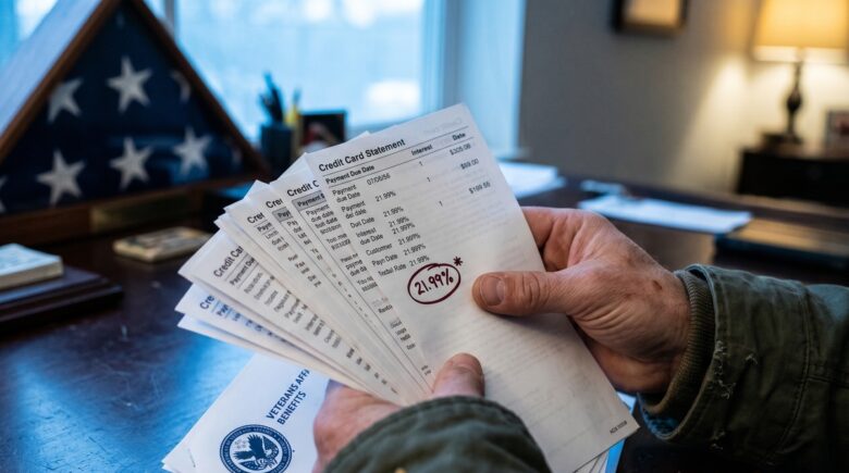 Veteran reviewing credit card statements and debt payoff strategy documents