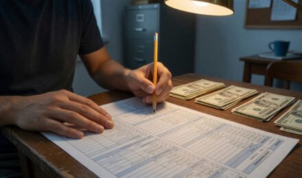 Person reviewing budget plan with notebook and calculator to assign dollars to specific spending categories
