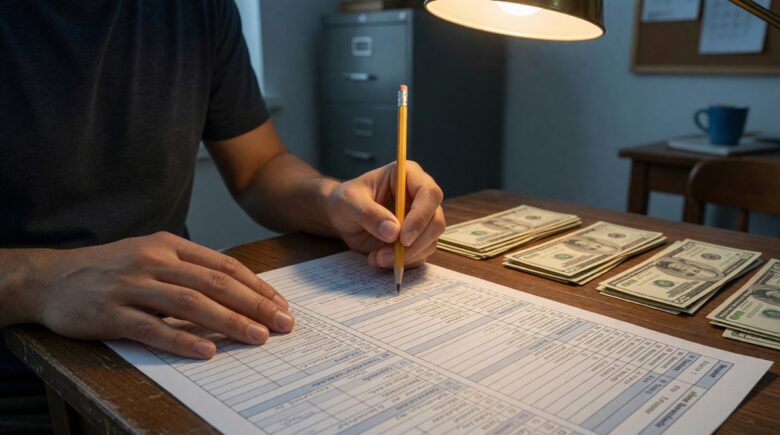 Person reviewing budget plan with notebook and calculator to assign dollars to specific spending categories