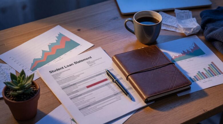 Young professional reviewing investment portfolio while managing student loan repayment