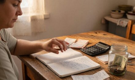 Person reviewing budget plan with variable monthly income chart on table