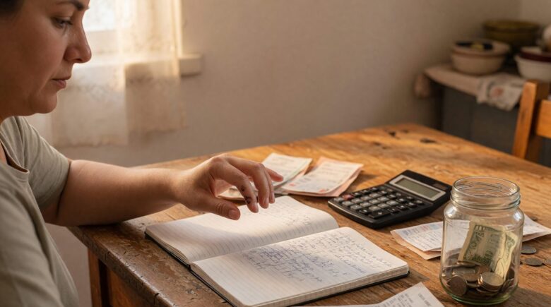Person reviewing budget plan with variable monthly income chart on table