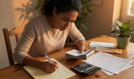 First-generation homebuyer reviewing credit card statements and mortgage application documents at a desk