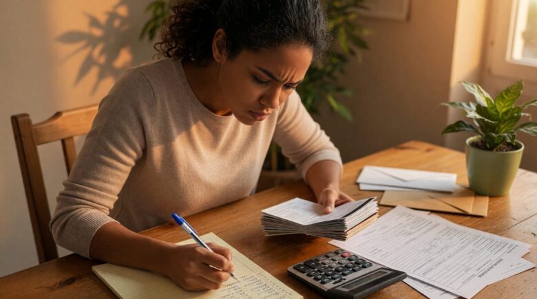 First-generation homebuyer reviewing credit card statements and mortgage application documents at a desk