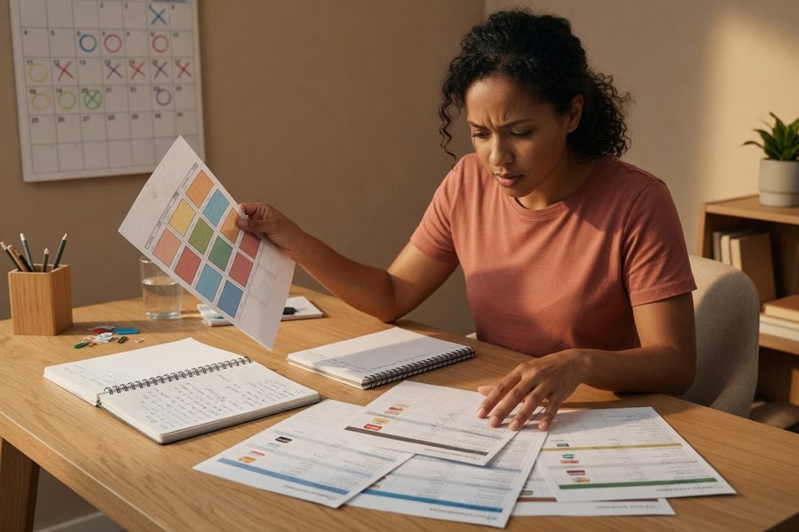 A calendar marked with six monthly checkpoints for credit card debt reduction before mortgage application.