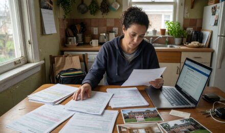 Gig worker reviewing tax documents and mortgage application materials at desk