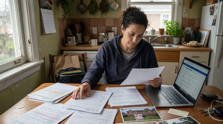 Gig worker reviewing tax documents and mortgage application materials at desk