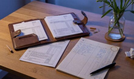 Freelancer planning retirement with laptop and documents on desk