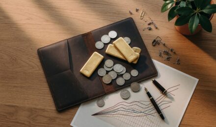 Gold bars and coins next to a chart showing prime rate cycles and gold price movements