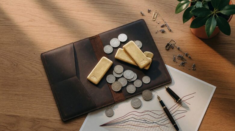 Gold bars and coins next to a chart showing prime rate cycles and gold price movements