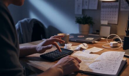 Gig worker reviewing monthly income and cash flow planning on laptop