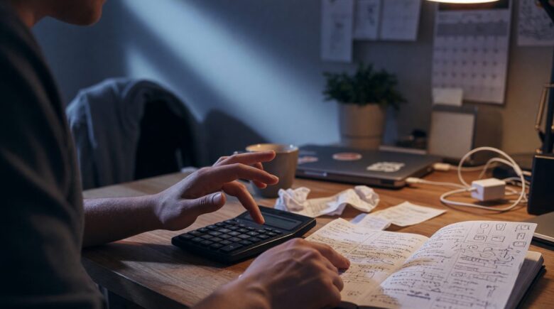 Gig worker reviewing monthly income and cash flow planning on laptop