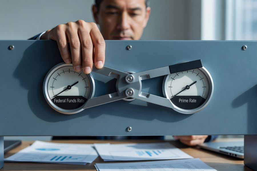 A newspaper headline reads "Prime Rate Holds at 6.75%" next to a mortgage rate table showing higher, different numbers.