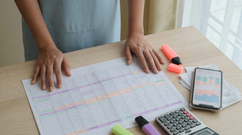 Gig worker reviewing zero-based budget spreadsheet on laptop with income and expense categories